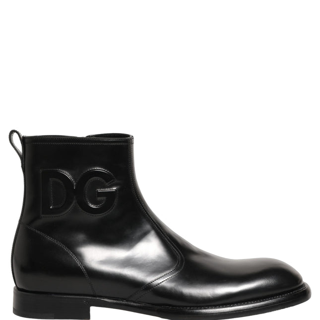 Dolce & Gabbana Black Leather Embossed Logo Ankle Boots Shoes