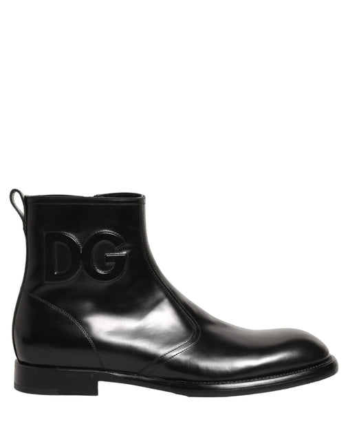 Dolce & Gabbana Black Leather Embossed Logo Ankle Boots Shoes