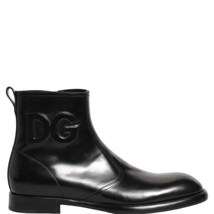 Dolce & Gabbana Black Leather Embossed Logo Ankle Boots Shoes