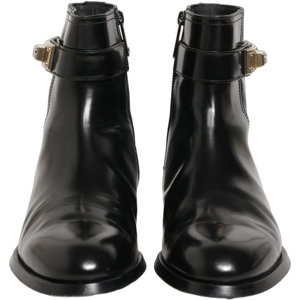 Dolce & Gabbana Black Leather Logo Buckle Mid Calf Boots Shoes