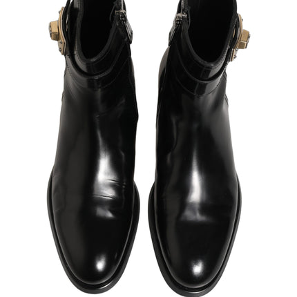 Dolce & Gabbana Black Leather Logo Buckle Mid Calf Boots Shoes