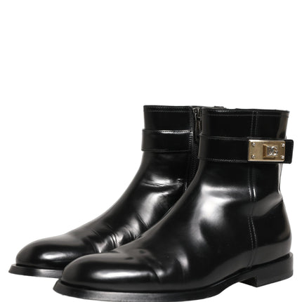 Dolce & Gabbana Black Leather Logo Buckle Mid Calf Boots Shoes