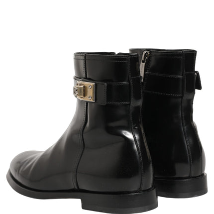 Dolce & Gabbana Black Leather Logo Buckle Mid Calf Boots Shoes