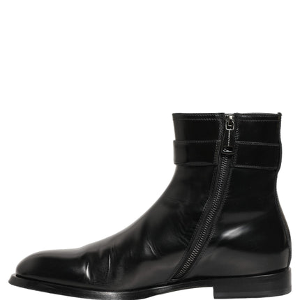 Dolce & Gabbana Black Leather Logo Buckle Mid Calf Boots Shoes