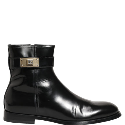 Dolce & Gabbana Black Leather Logo Buckle Mid Calf Boots Shoes