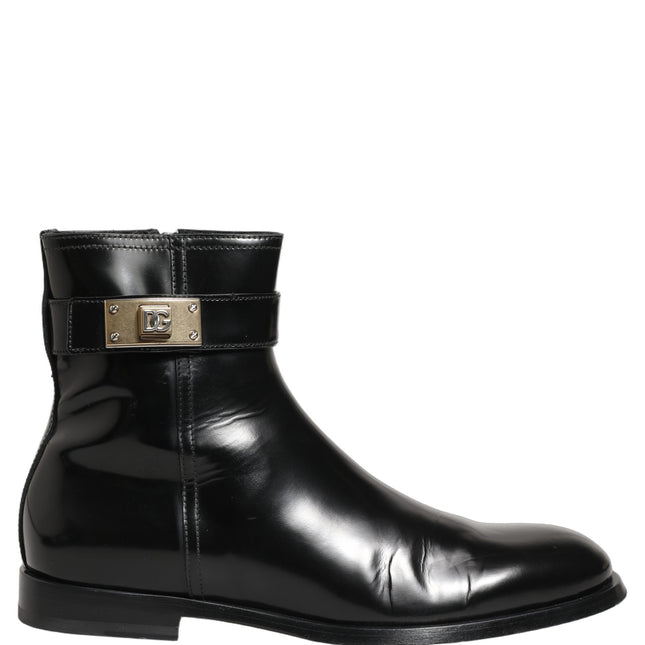 Dolce & Gabbana Black Leather Logo Buckle Mid Calf Boots Shoes