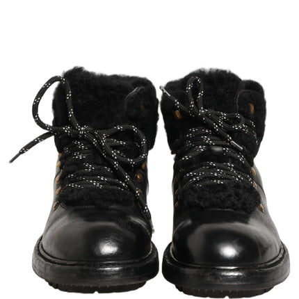 Dolce & Gabbana Black Trekking Fur Lace Leather Boots Shoes