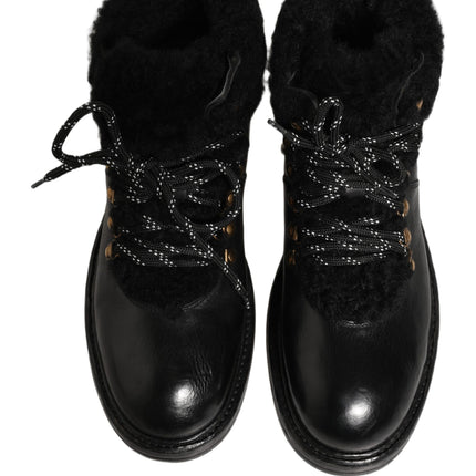 Dolce & Gabbana Black Trekking Fur Lace Leather Boots Shoes