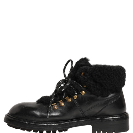 Dolce & Gabbana Black Trekking Fur Lace Leather Boots Shoes