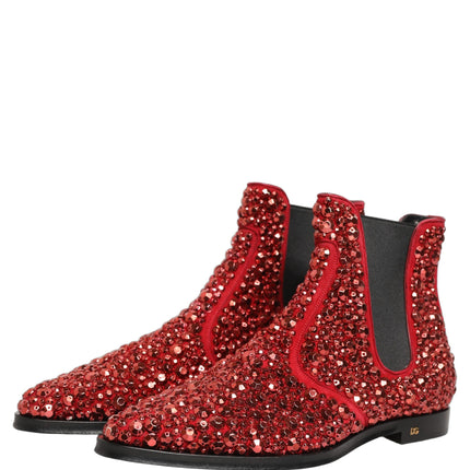 Dolce & Gabbana Red Embellished Chelsea Ankle Boots Shoes