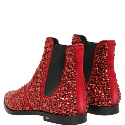 Dolce & Gabbana Red Embellished Chelsea Ankle Boots Shoes