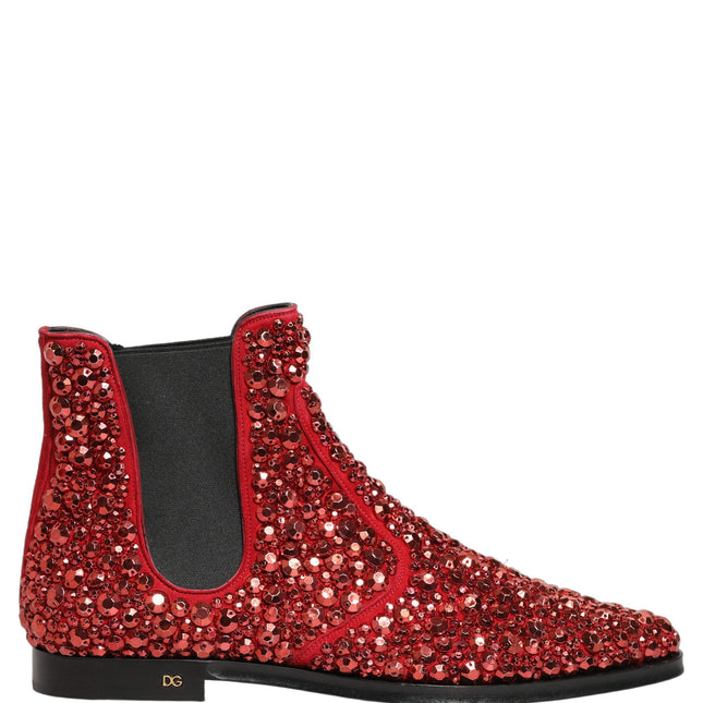 Dolce & Gabbana Red Embellished Chelsea Ankle Boots Shoes
