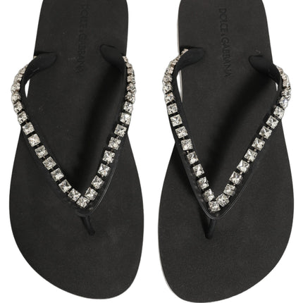 Dolce & Gabbana Black Embellished Rubber Flip Flops Men Shoes