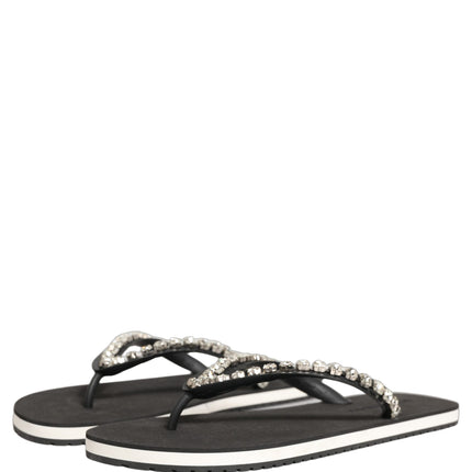 Dolce & Gabbana Black Embellished Rubber Flip Flops Men Shoes