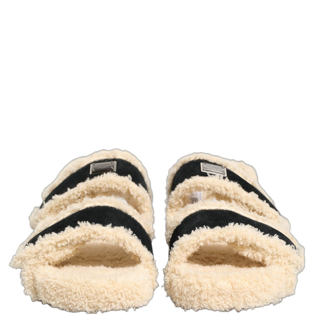 Dolce & Gabbana Beige Black Faux Fur Flats Men Sandals Shoes