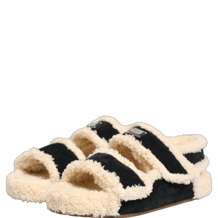 Dolce & Gabbana Beige Black Faux Fur Flats Men Sandals Shoes