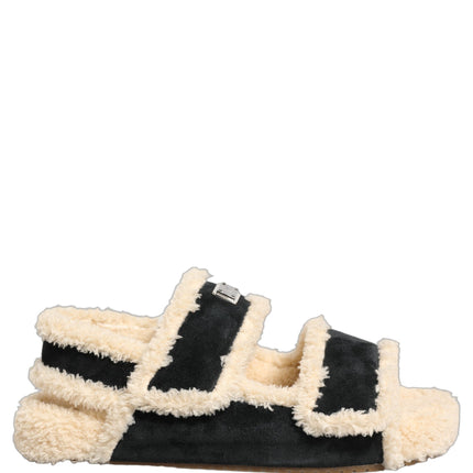 Dolce & Gabbana Beige Black Faux Fur Flats Men Sandals Shoes