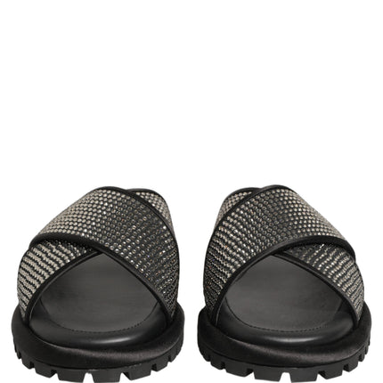 Dolce & Gabbana Black Strass Criss Cross Slide Sandals Shoes