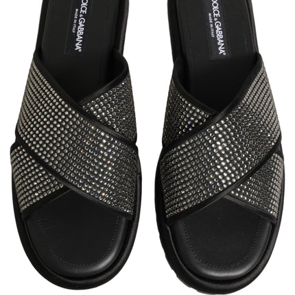 Dolce & Gabbana Black Strass Criss Cross Slide Sandals Shoes