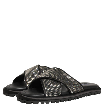Dolce & Gabbana Black Strass Criss Cross Slide Sandals Shoes