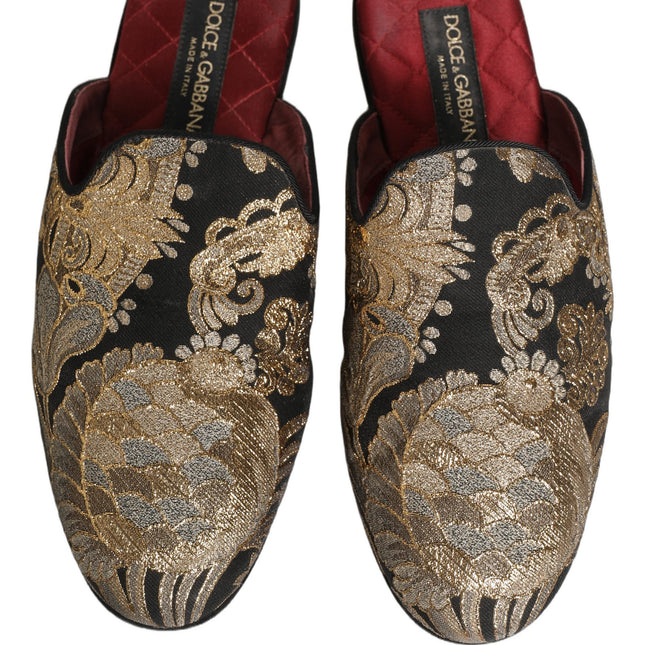 Dolce & Gabbana Black Floral Jacquard Flats Sandals Men Shoes