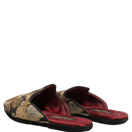 Dolce & Gabbana Black Floral Jacquard Flats Sandals Men Shoes