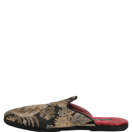 Dolce & Gabbana Black Floral Jacquard Flats Sandals Men Shoes