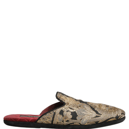 Dolce & Gabbana Black Floral Jacquard Flats Sandals Men Shoes