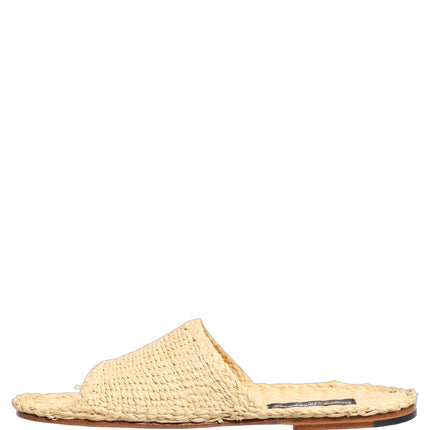 Dolce & Gabbana Beige Straw Raffia Slides Sandals Flats Shoes