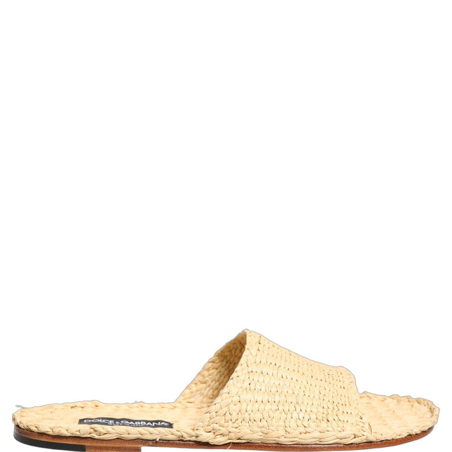 Dolce & Gabbana Beige Straw Raffia Slides Sandals Flats Shoes