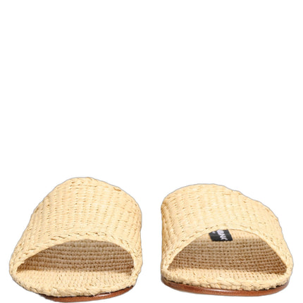 Dolce & Gabbana Beige Straw Raffia Slides Sandals Flats Shoes