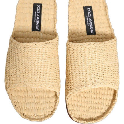 Dolce & Gabbana Beige Straw Raffia Slides Sandals Flats Shoes
