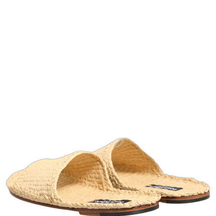 Dolce & Gabbana Beige Straw Raffia Slides Sandals Flats Shoes