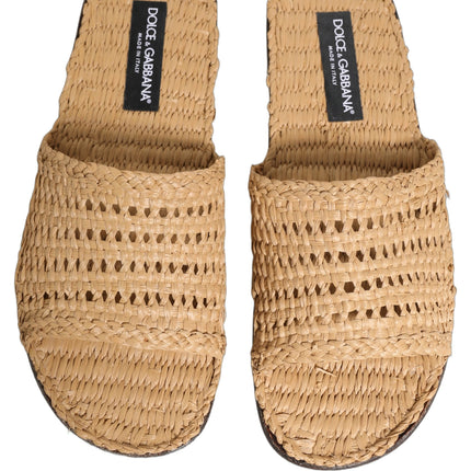 Dolce & Gabbana Beige Straw Raffia Slides Sandals Flats Shoes