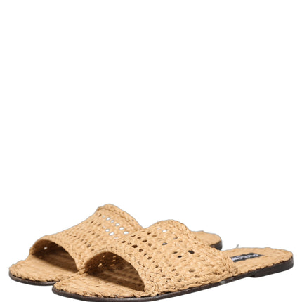 Dolce & Gabbana Beige Straw Raffia Slides Sandals Flats Shoes