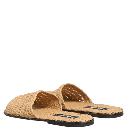 Dolce & Gabbana Beige Straw Raffia Slides Sandals Flats Shoes
