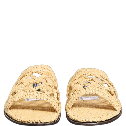 Dolce & Gabbana Beige Straw Raffia Slides Sandals Flats Shoes