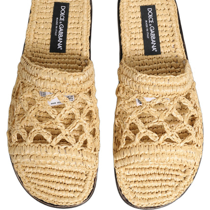 Dolce & Gabbana Beige Straw Raffia Slides Sandals Flats Shoes