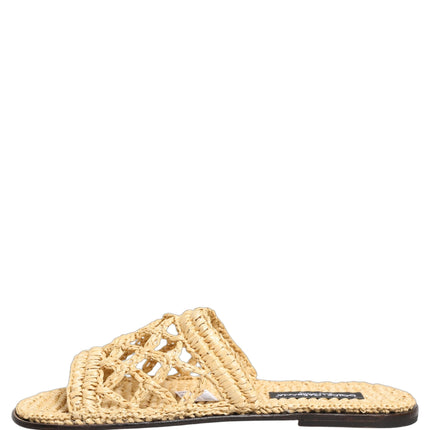 Dolce & Gabbana Beige Straw Raffia Slides Sandals Flats Shoes