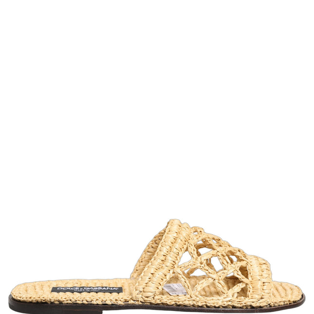 Dolce & Gabbana Beige Straw Raffia Slides Sandals Flats Shoes