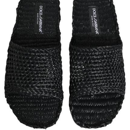 Dolce & Gabbana Black Straw Raffia Slides Sandals Flats Shoes