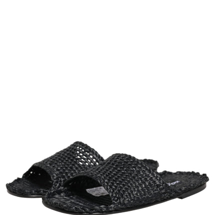 Dolce & Gabbana Black Straw Raffia Slides Sandals Flats Shoes