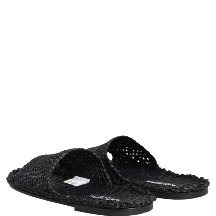 Dolce & Gabbana Black Straw Raffia Slides Sandals Flats Shoes