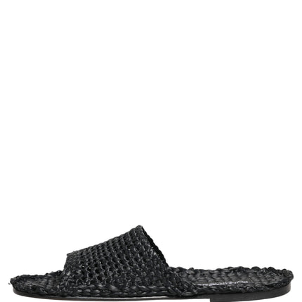 Dolce & Gabbana Black Straw Raffia Slides Sandals Flats Shoes
