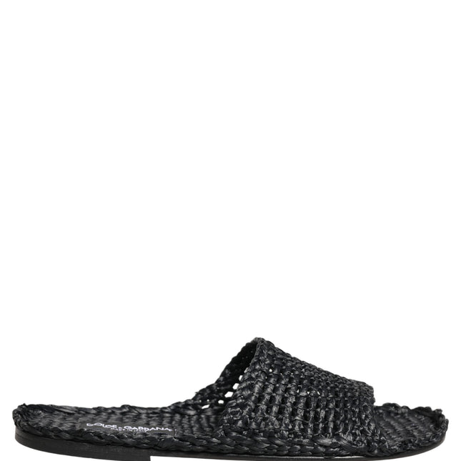 Dolce & Gabbana Black Straw Raffia Slides Sandals Flats Shoes