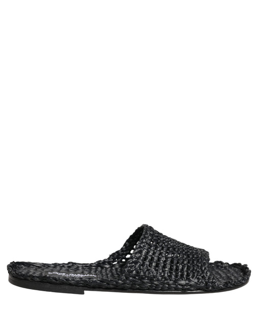 Dolce & Gabbana Black Straw Raffia Slides Sandals Flats Shoes