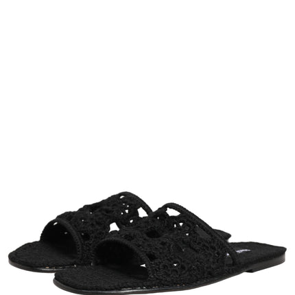 Dolce & Gabbana Black Fabric Woven Slides Sandals Flats Shoes