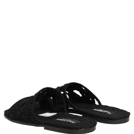 Dolce & Gabbana Black Fabric Woven Slides Sandals Flats Shoes