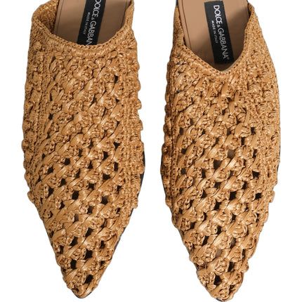 Dolce & Gabbana Beige Woven Straw Slides Sandals Flats Shoes
