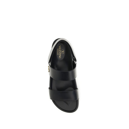 Valentino Garavani Black Calf Leather Bos Taurus Flat Sandals
